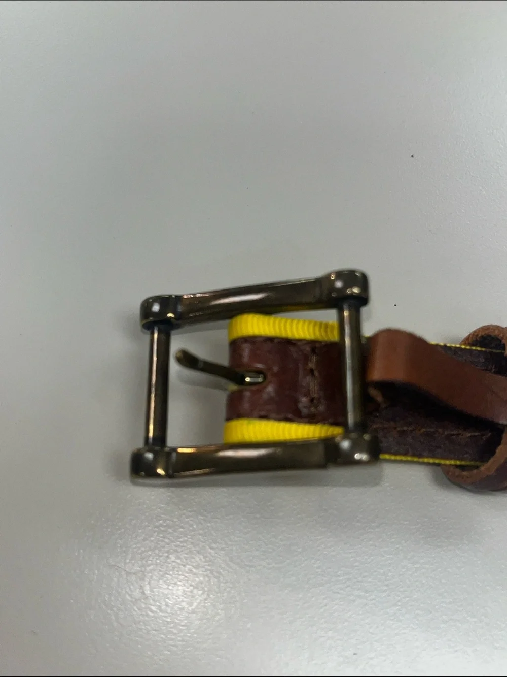 Linea Pelle Brown Leather & Yellow Nylon Belt Size Small